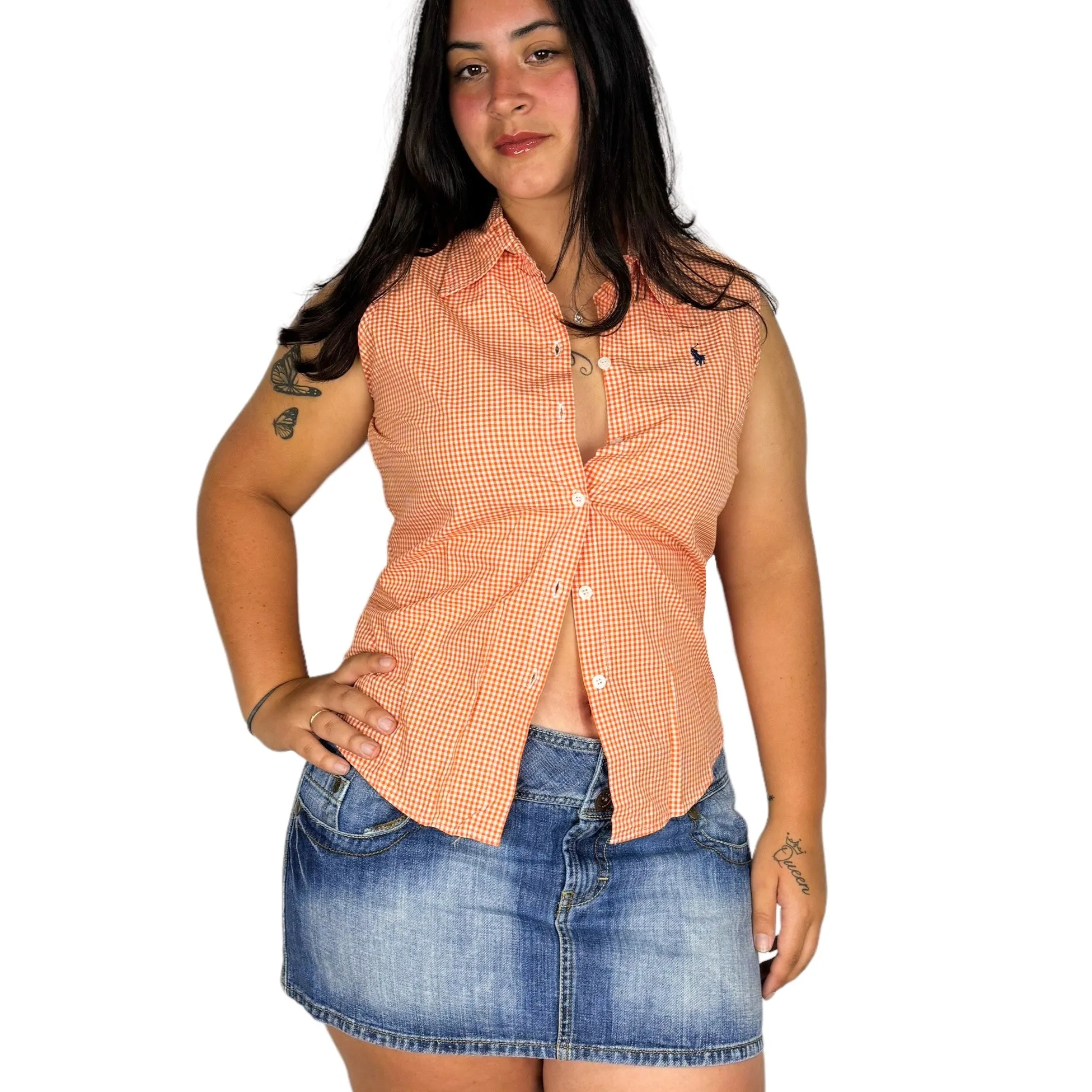 90s Ralph Lauren Tangerine Gingham Top (XXL)