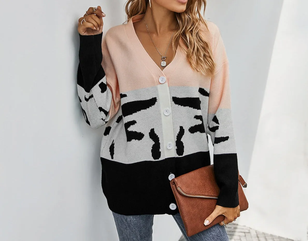 9AM Colorblock Leopard Cardigan
