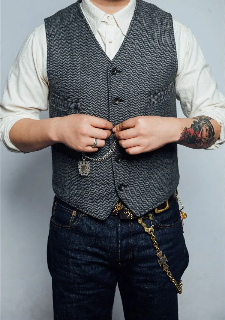 Aidase Men's Striped Suit Vest Tweed Herringbone Retro Sleeveless Slim Steampunk Warm Waistcoat chaleco hombre