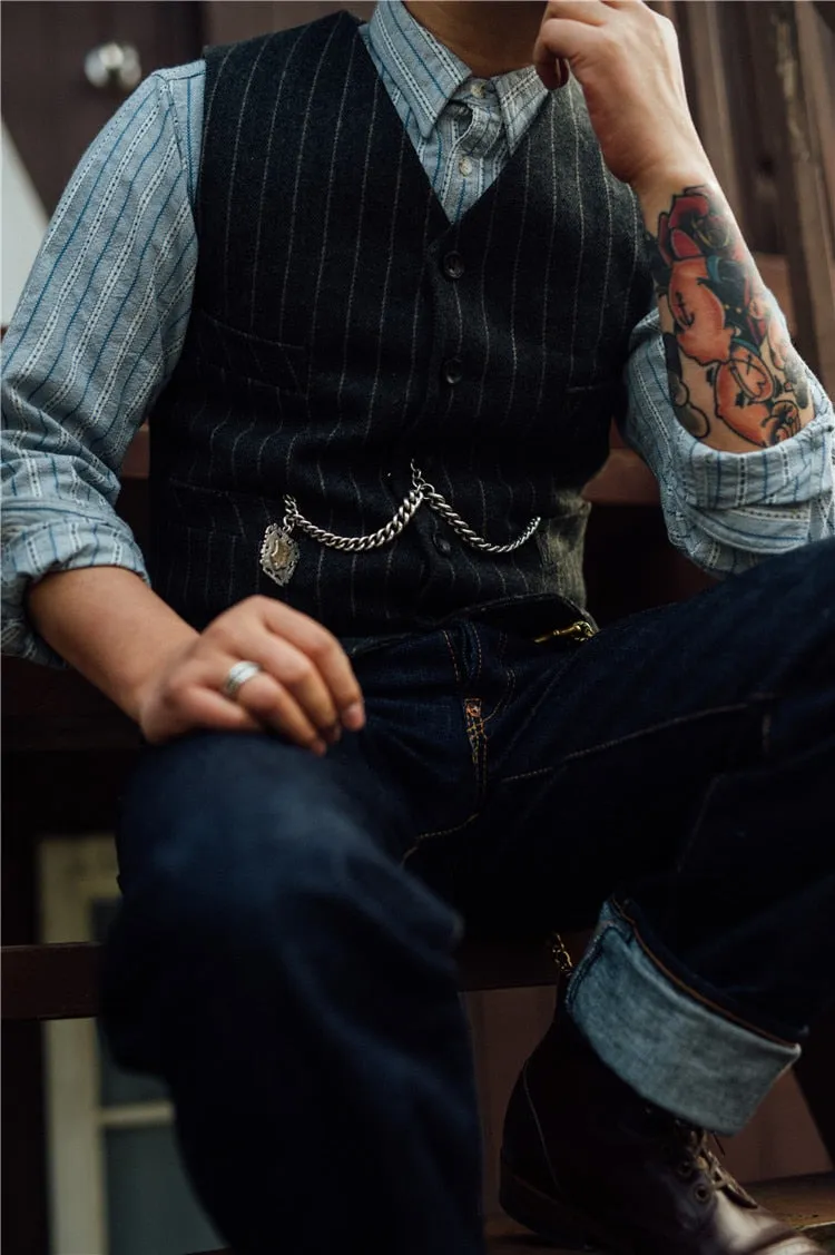 Aidase Men's Striped Suit Vest Tweed Herringbone Retro Sleeveless Slim Steampunk Warm Waistcoat chaleco hombre