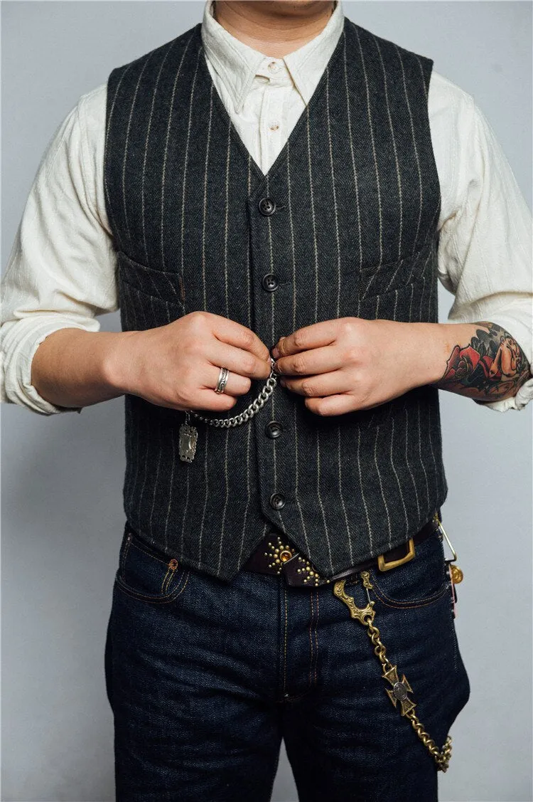 Aidase Men's Striped Suit Vest Tweed Herringbone Retro Sleeveless Slim Steampunk Warm Waistcoat chaleco hombre