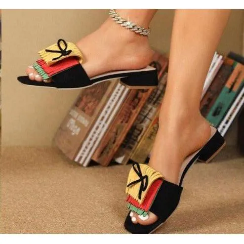 Block Bow & Fringe Decor Flat Sandals