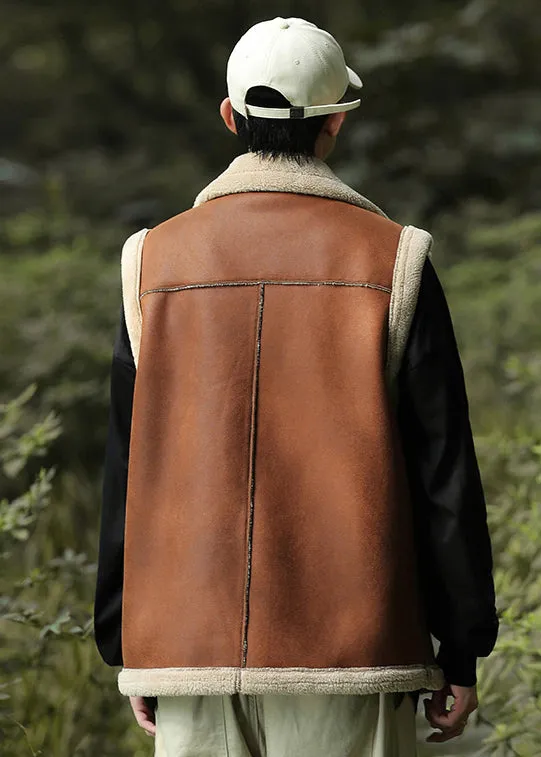 Casual Brown Zippered Warm Fleece Faux Suede Men Vests Spring TK017