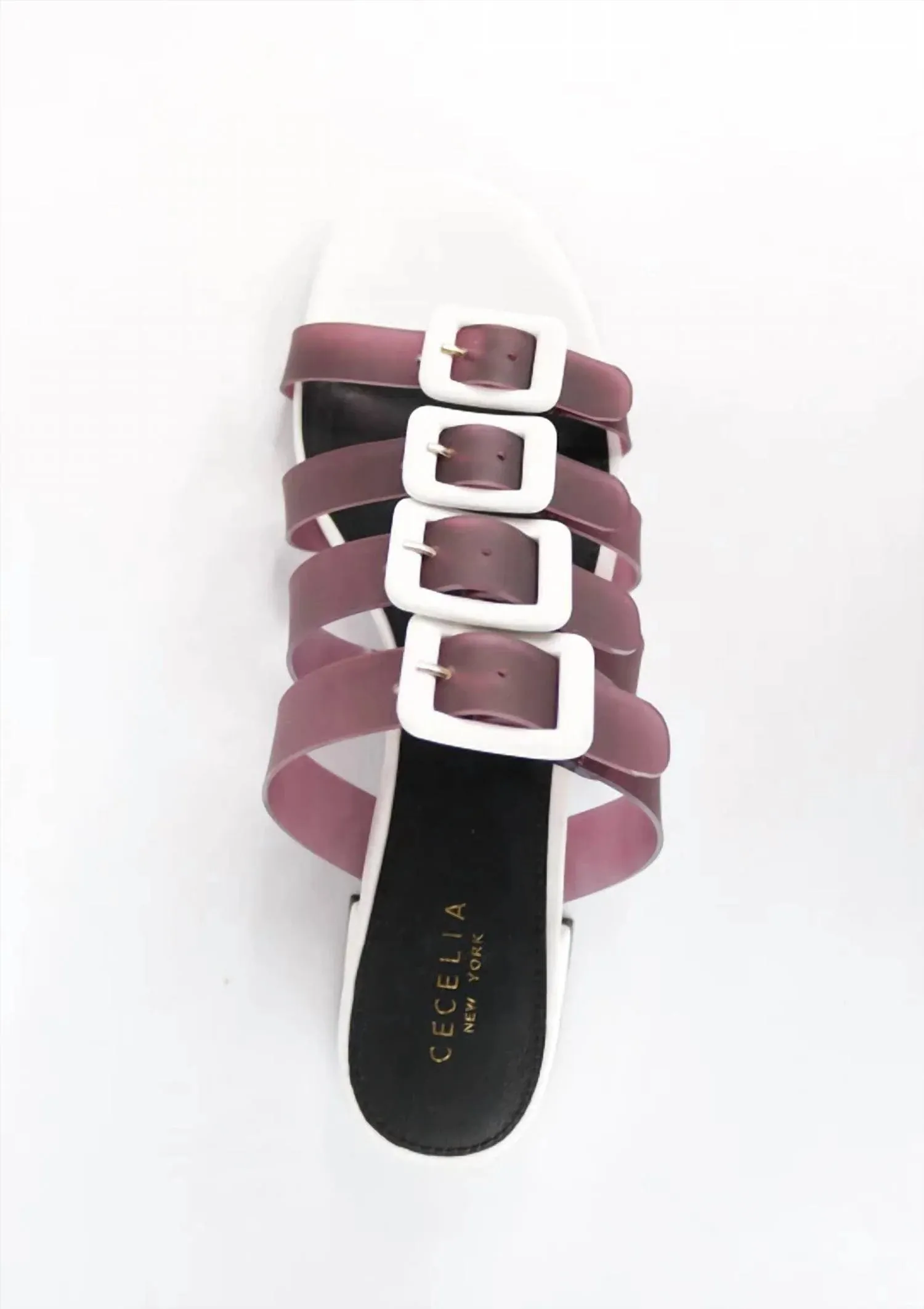Cecelia New York Lexington Black White Buckle Straps Open Toe Heel Slide Sandals