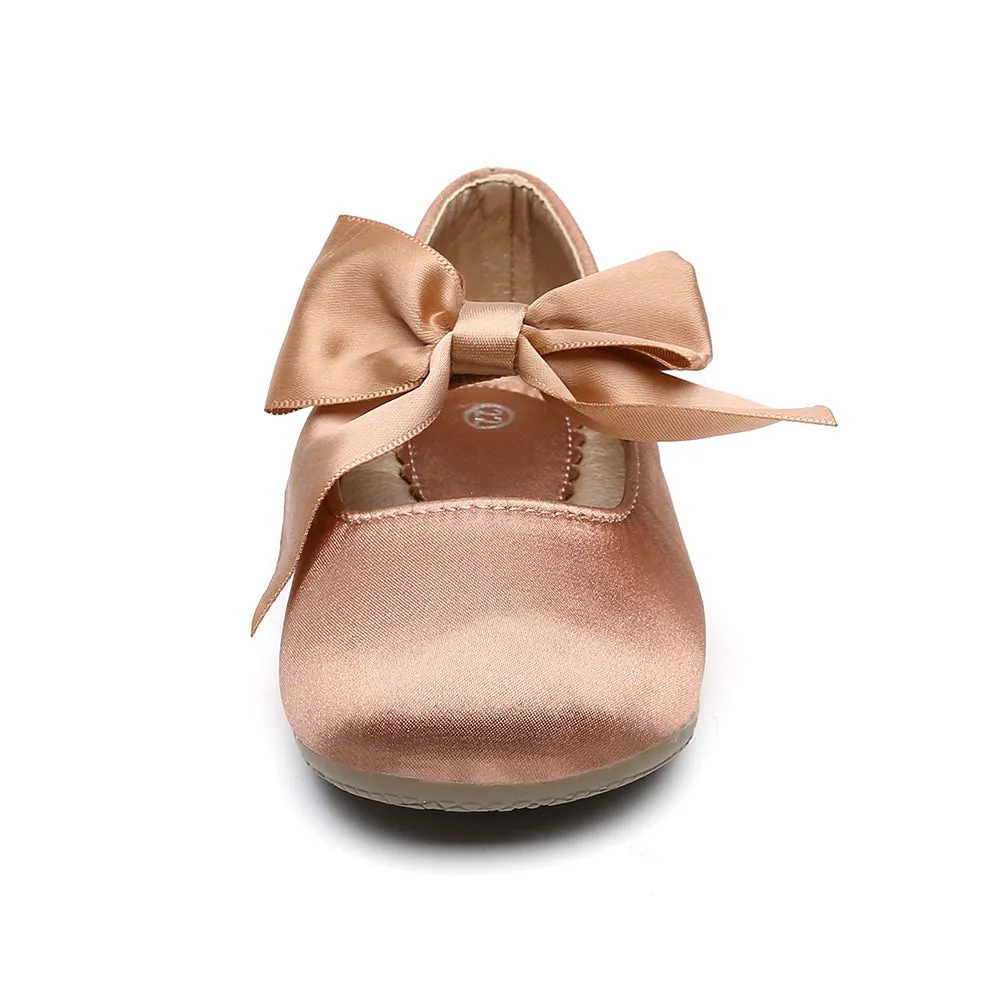 Chiximaxu Little Girls Satin Ballerina Slip on Mary Jane with Bow Casual School Dress Flat Shoes