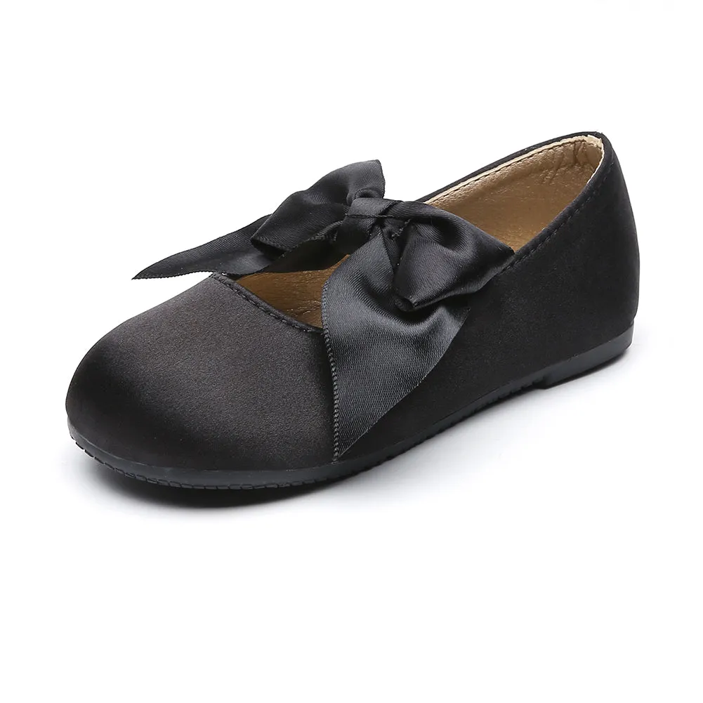 Chiximaxu Little Girls Satin Ballerina Slip on Mary Jane with Bow Casual School Dress Flat Shoes