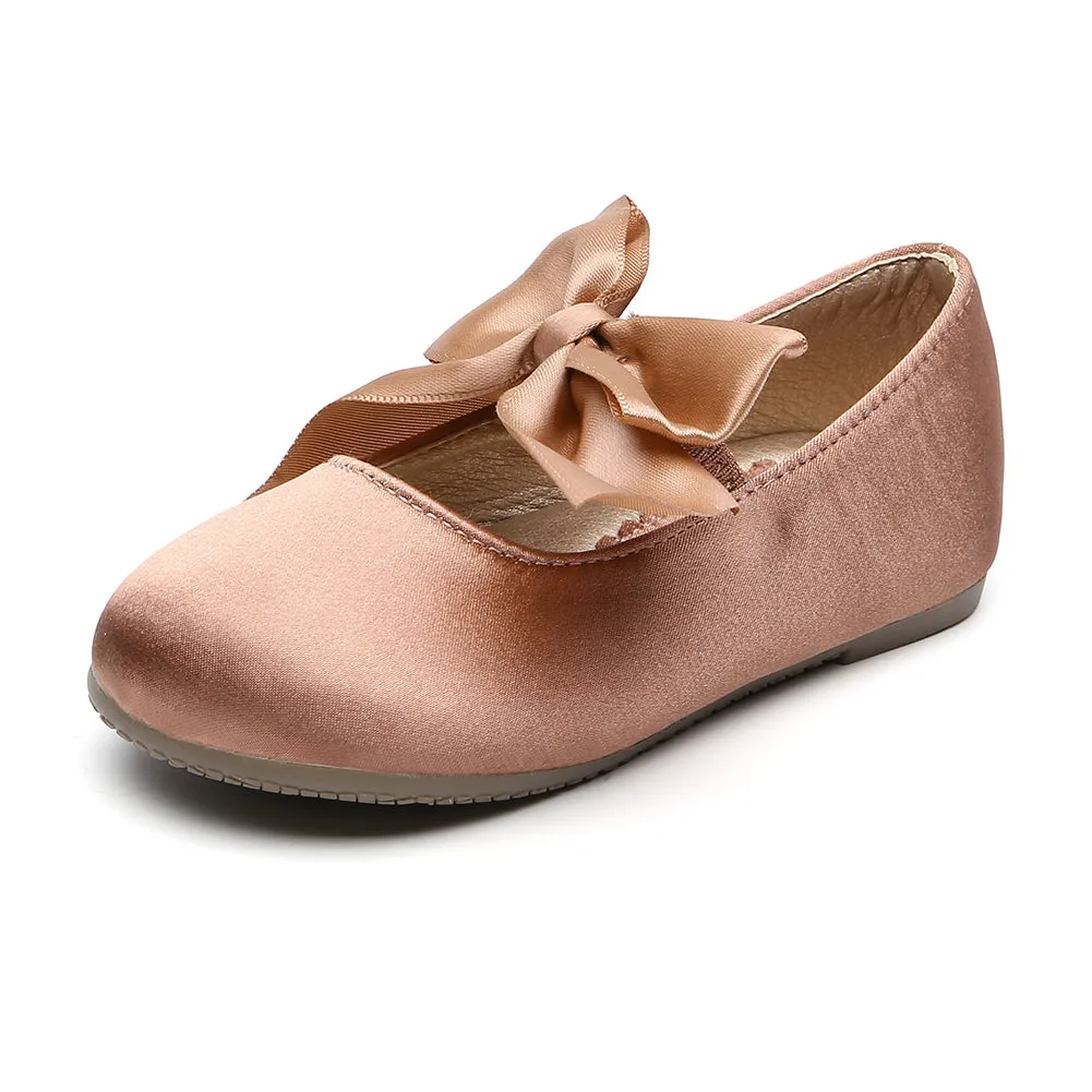 Chiximaxu Little Girls Satin Ballerina Slip on Mary Jane with Bow Casual School Dress Flat Shoes