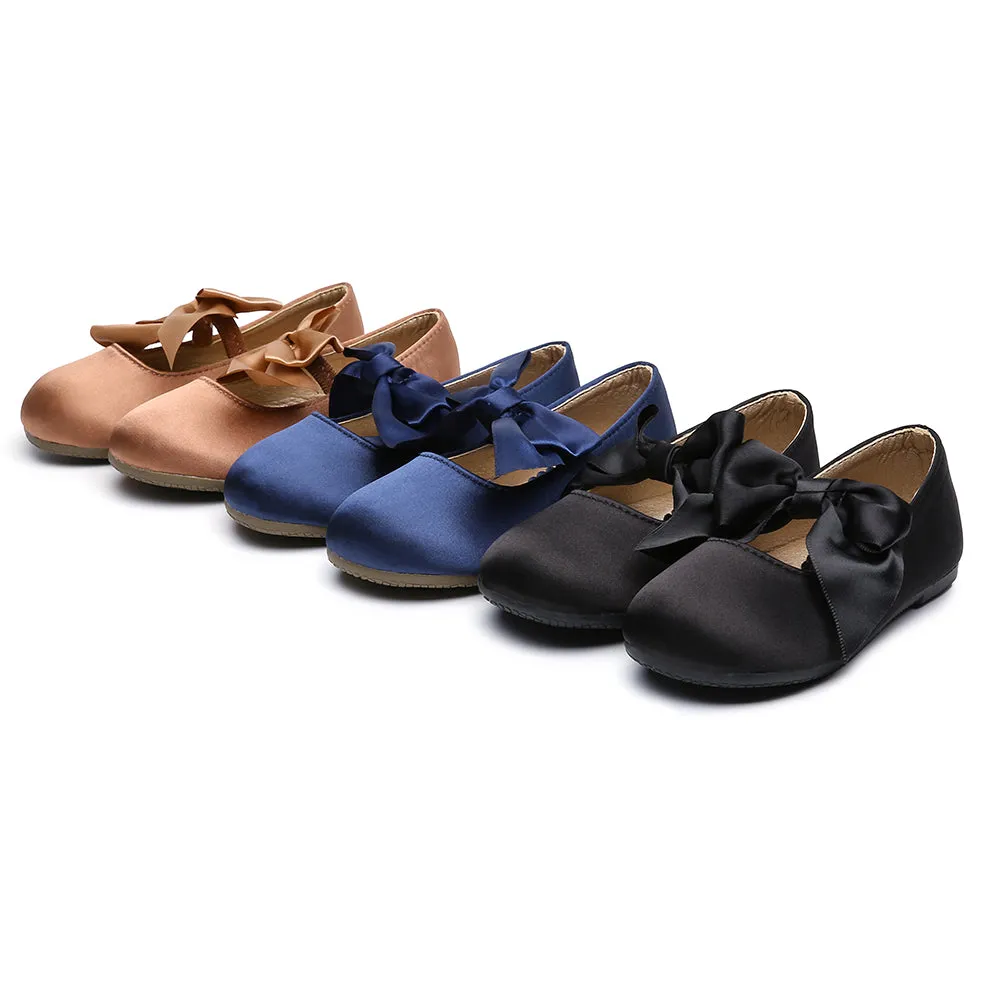 Chiximaxu Little Girls Satin Ballerina Slip on Mary Jane with Bow Casual School Dress Flat Shoes