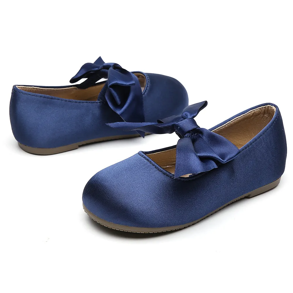 Chiximaxu Little Girls Satin Ballerina Slip on Mary Jane with Bow Casual School Dress Flat Shoes