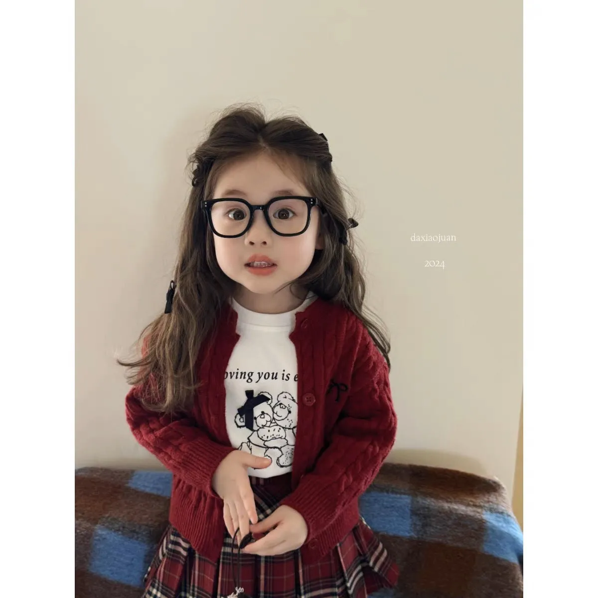 DXJ Girls Bows Knitted Sweater Cardigan