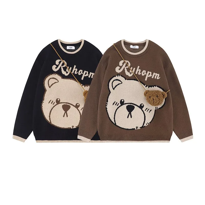 Japanese Cartoon Bear Round Neck Sweater with Bear Satchel Bag