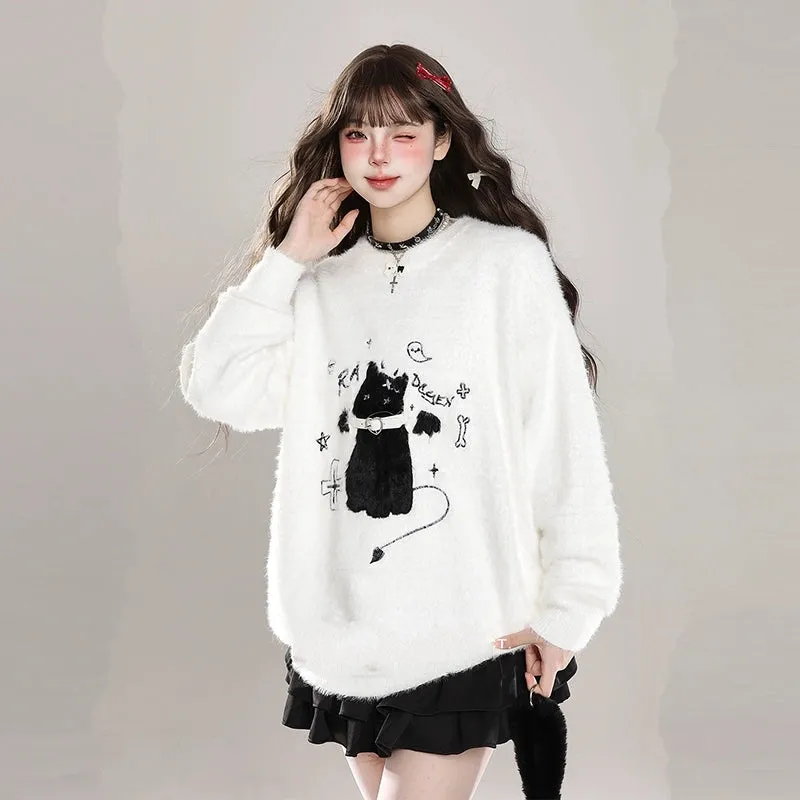 Kawaii Sweet Girl Style Cartoon Cat Embroidered Sweater