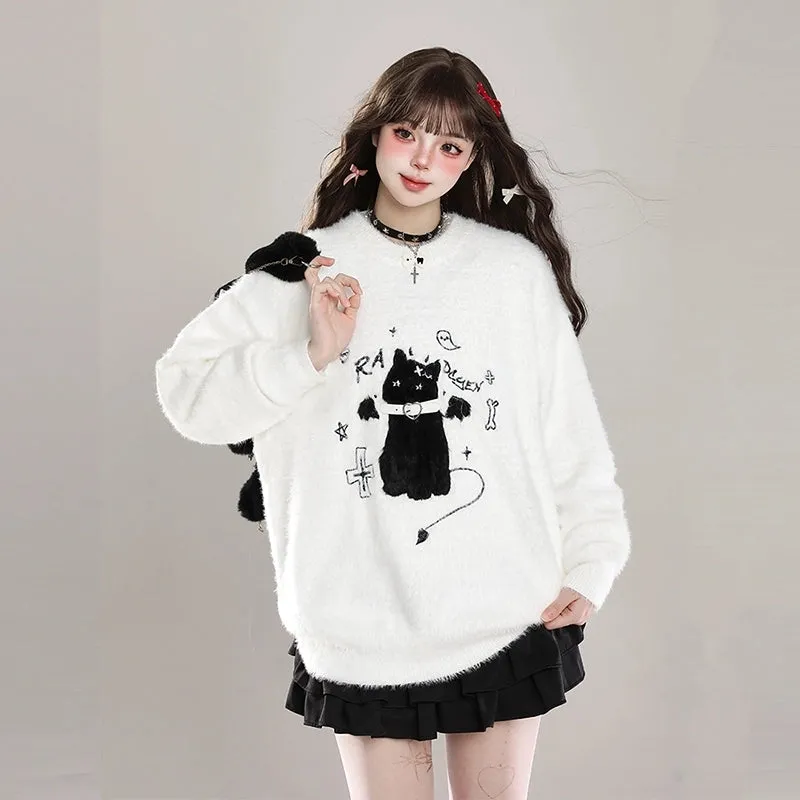 Kawaii Sweet Girl Style Cartoon Cat Embroidered Sweater