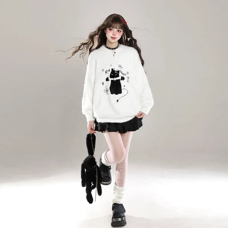 Kawaii Sweet Girl Style Cartoon Cat Embroidered Sweater