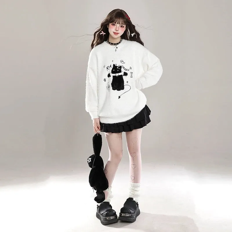Kawaii Sweet Girl Style Cartoon Cat Embroidered Sweater