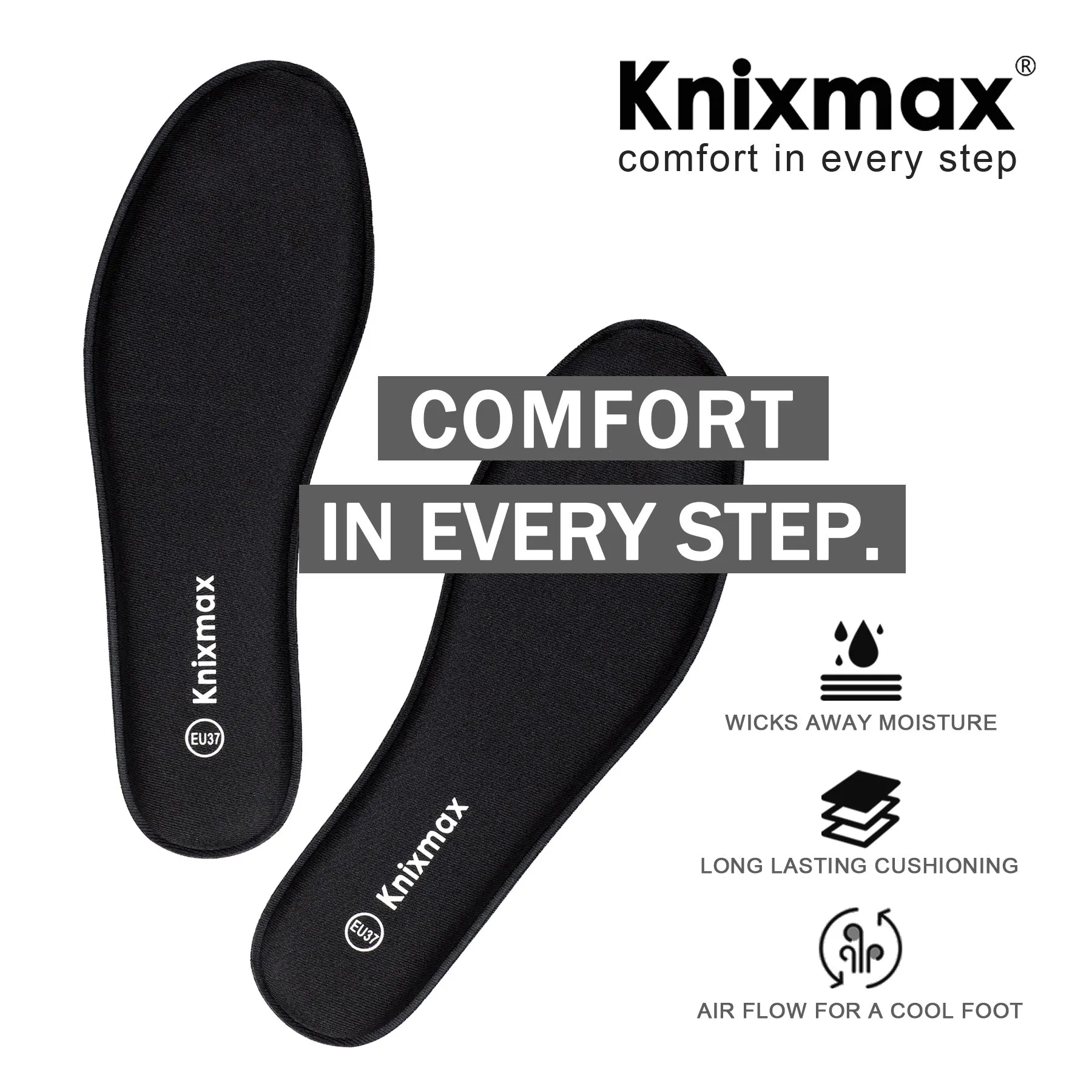 Knixmax Women's Memory Foam Insoles, Black, for Athletic Shoes & Sneakers