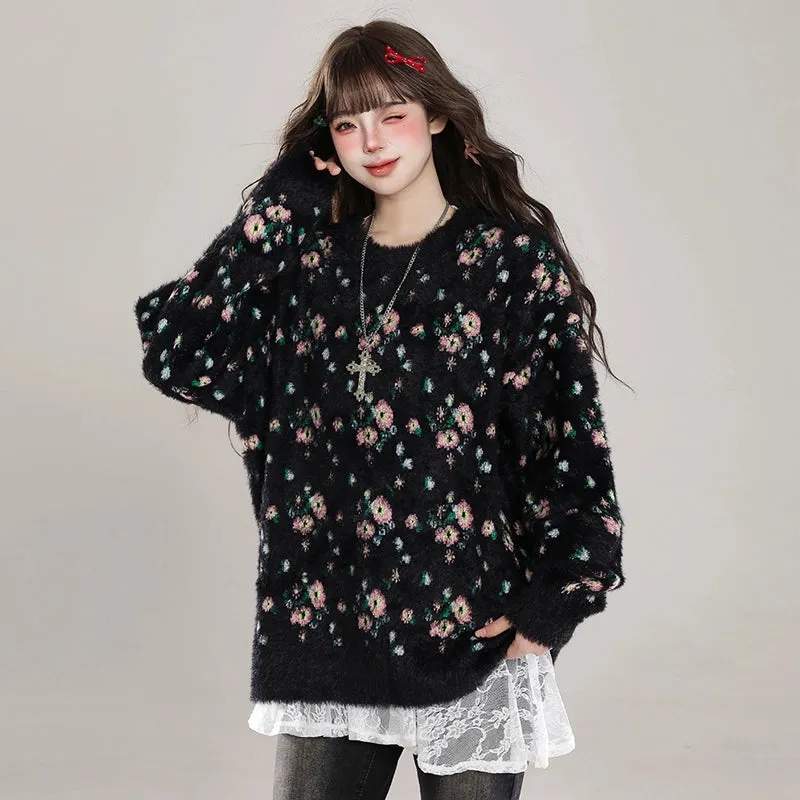 Korean Sweet Girl Style Floral Round Neck Sweater