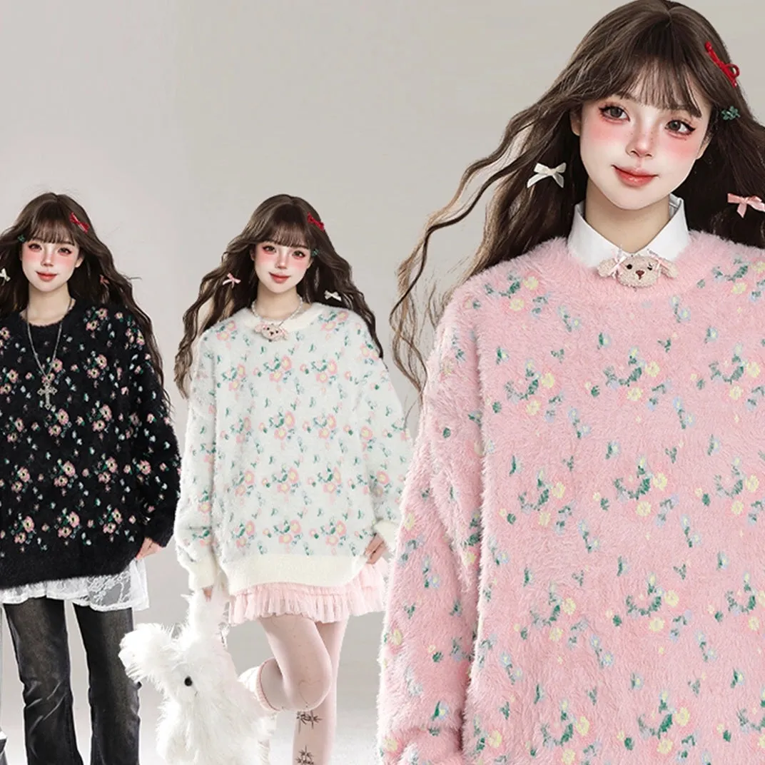 Korean Sweet Girl Style Floral Round Neck Sweater