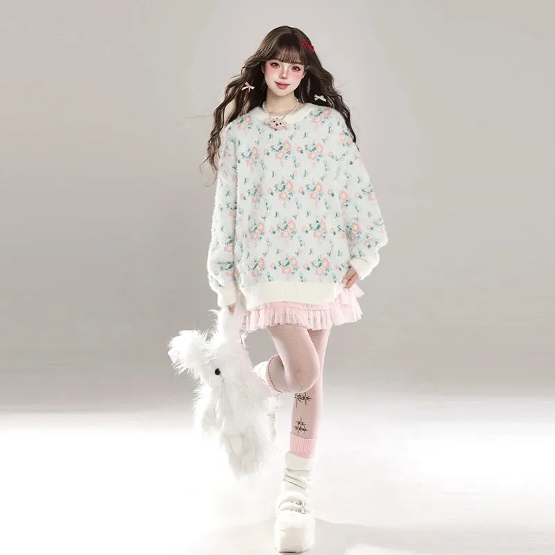 Korean Sweet Girl Style Floral Round Neck Sweater