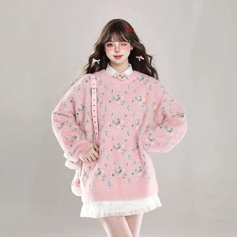 Korean Sweet Girl Style Floral Round Neck Sweater