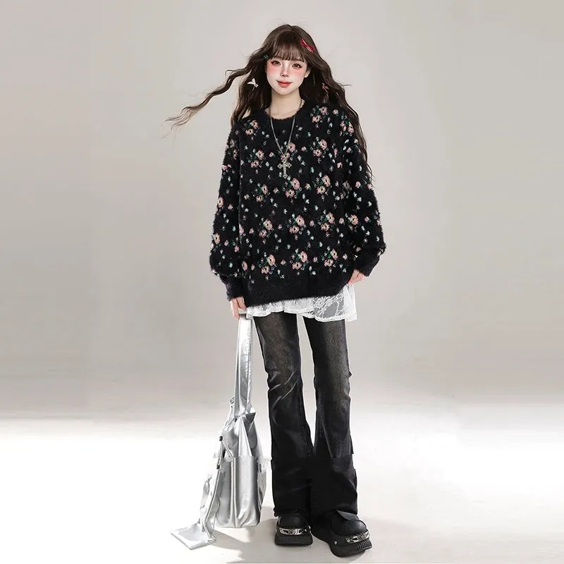 Korean Sweet Girl Style Floral Round Neck Sweater