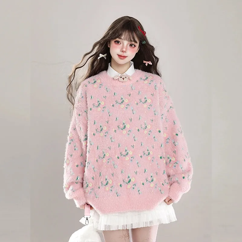 Korean Sweet Girl Style Floral Round Neck Sweater