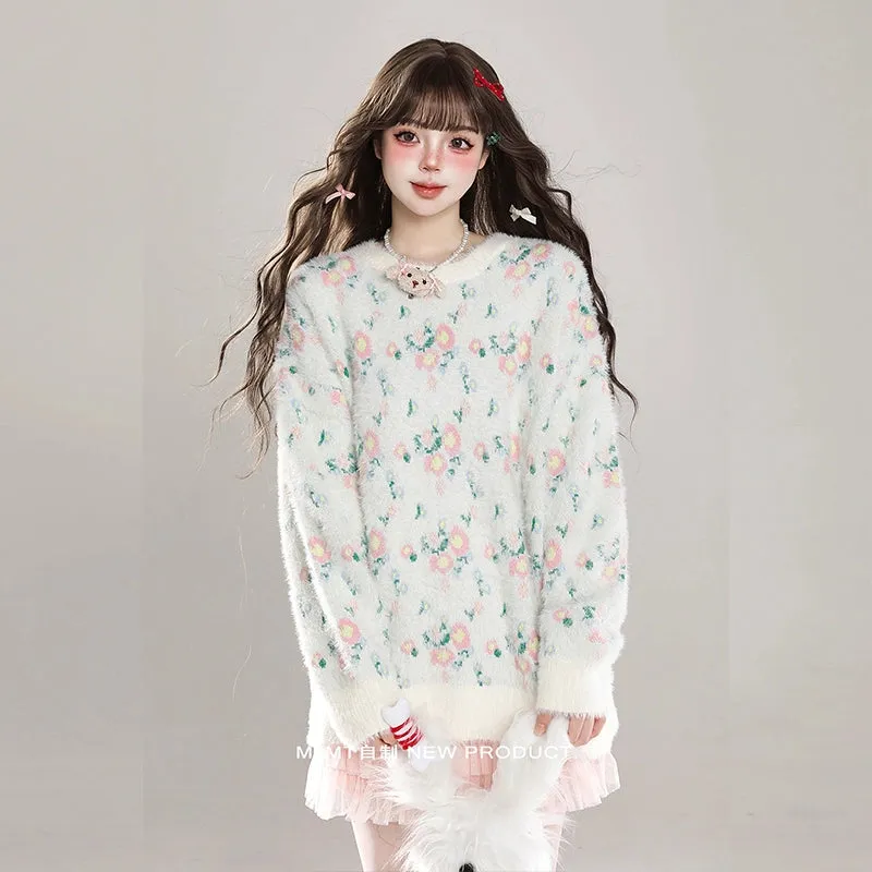 Korean Sweet Girl Style Floral Round Neck Sweater