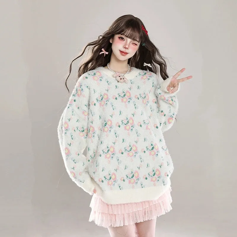 Korean Sweet Girl Style Floral Round Neck Sweater