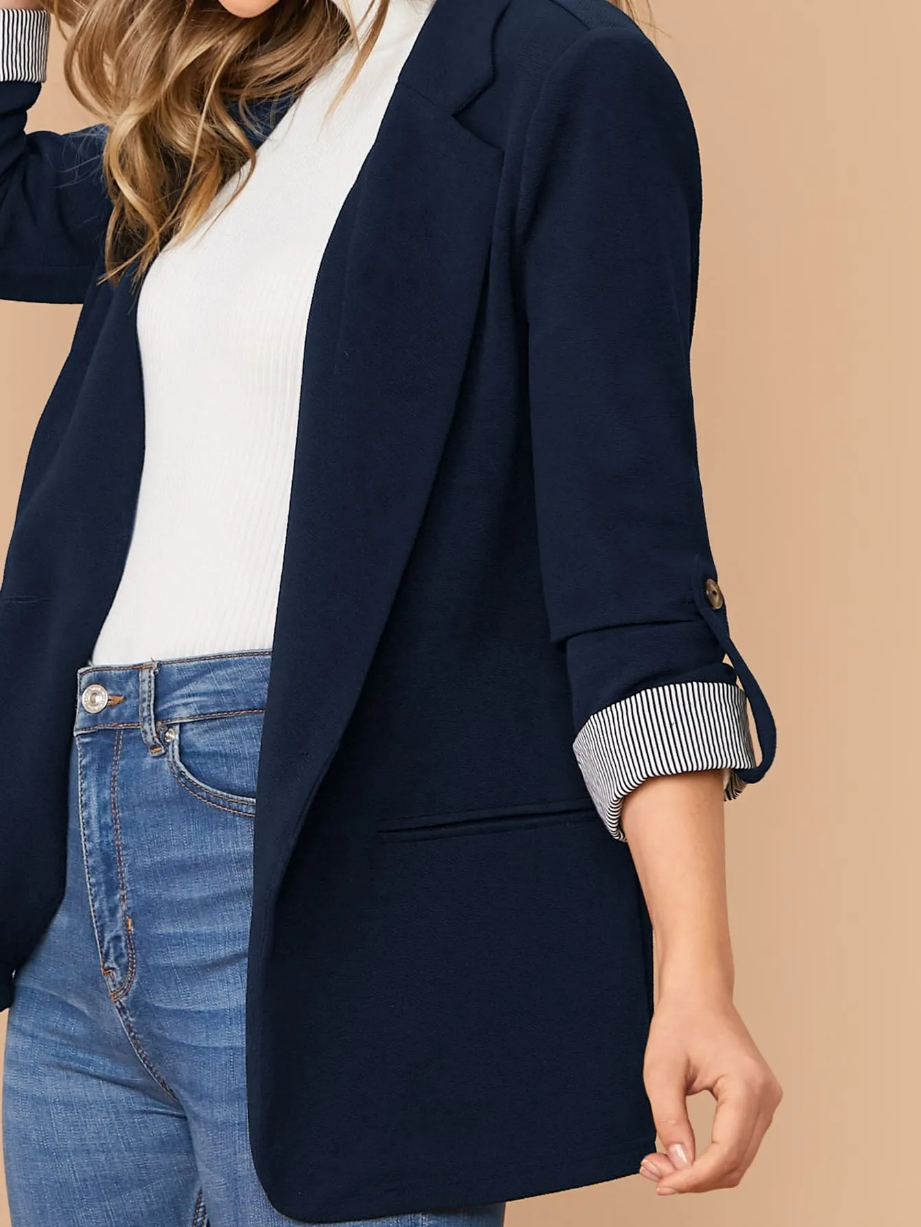 LUNE Notched Collar Roll Tab Sleeve Blazer