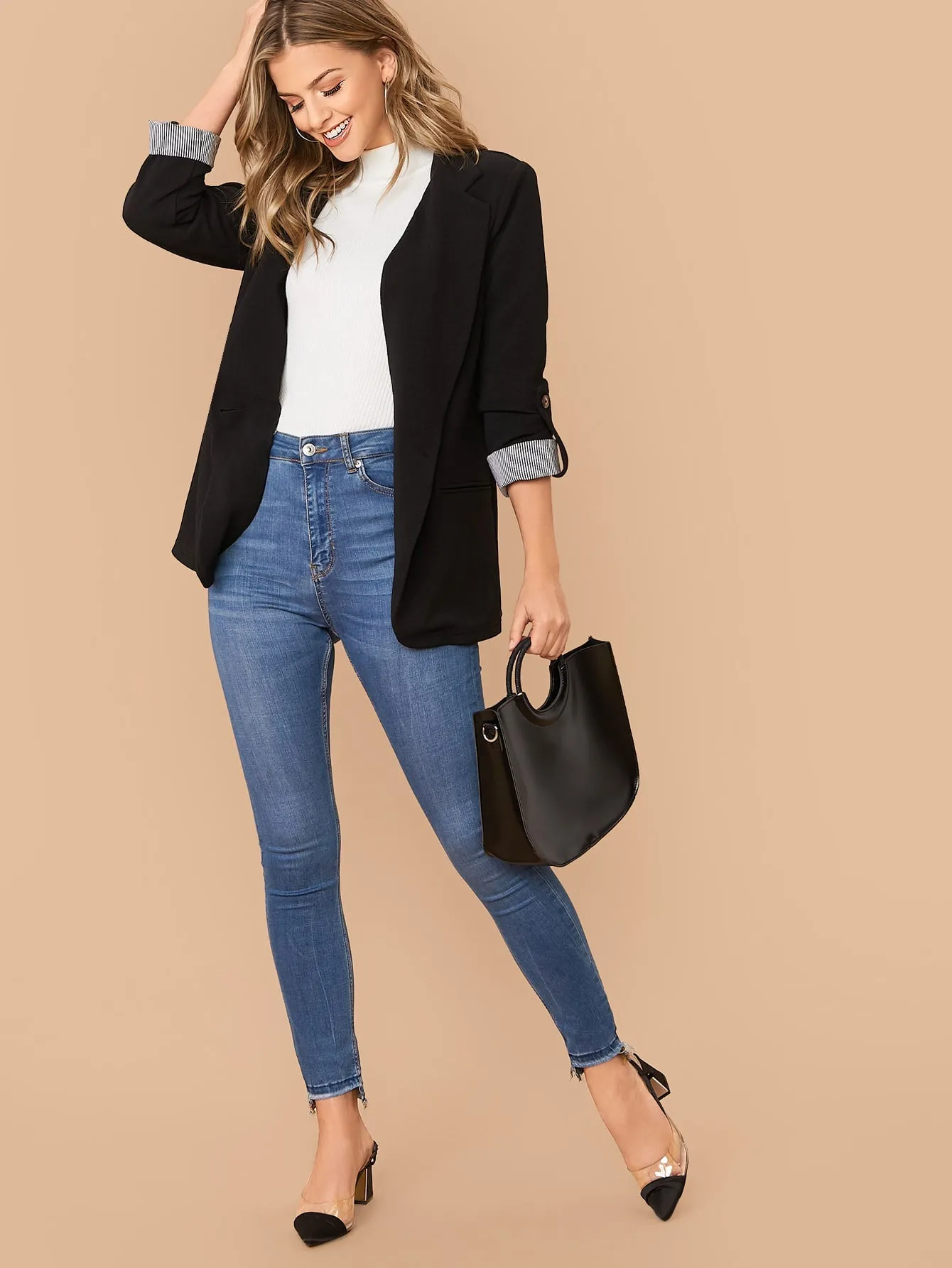 LUNE Notched Collar Roll Tab Sleeve Blazer