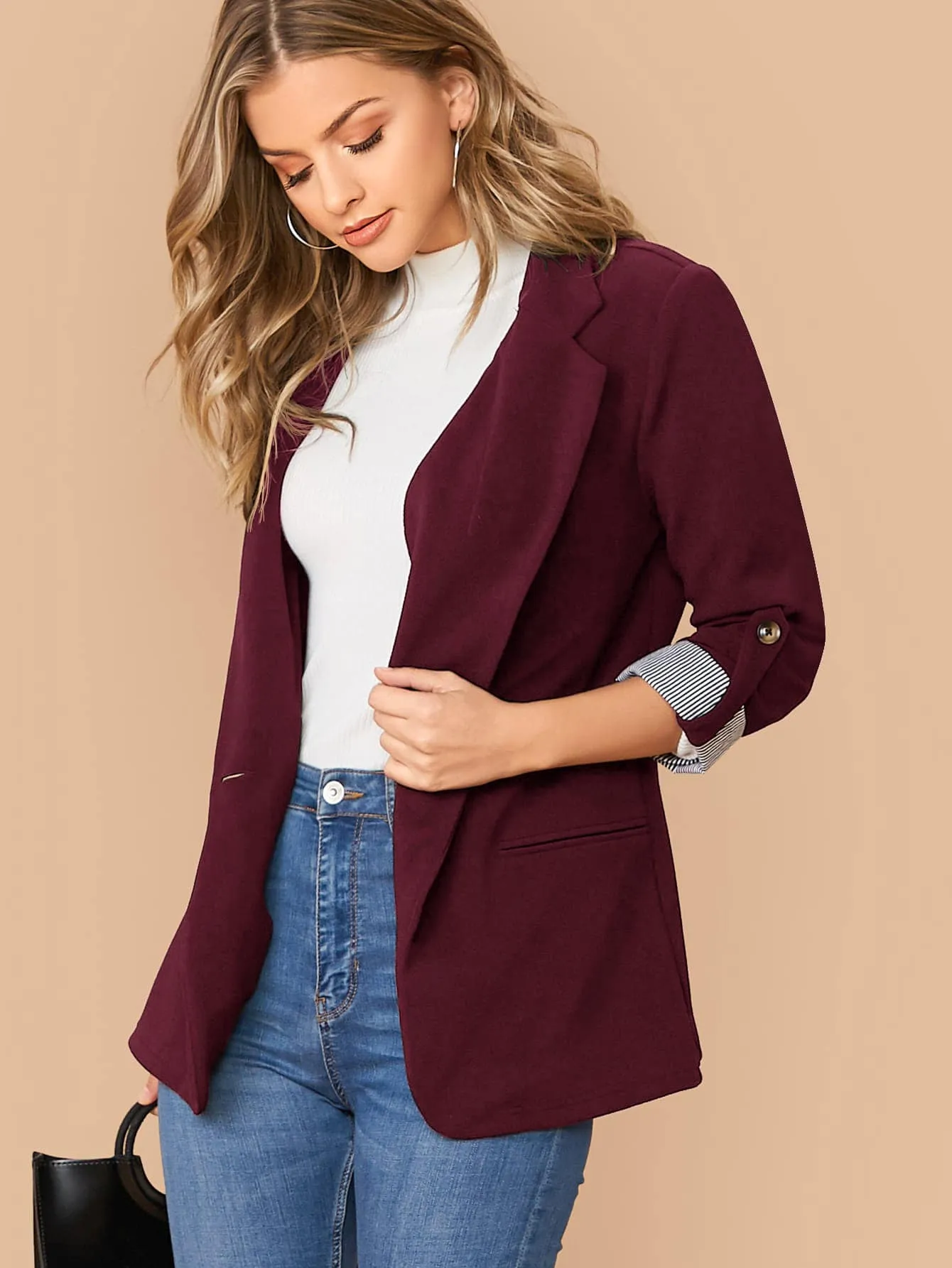 LUNE Notched Collar Roll Tab Sleeve Blazer