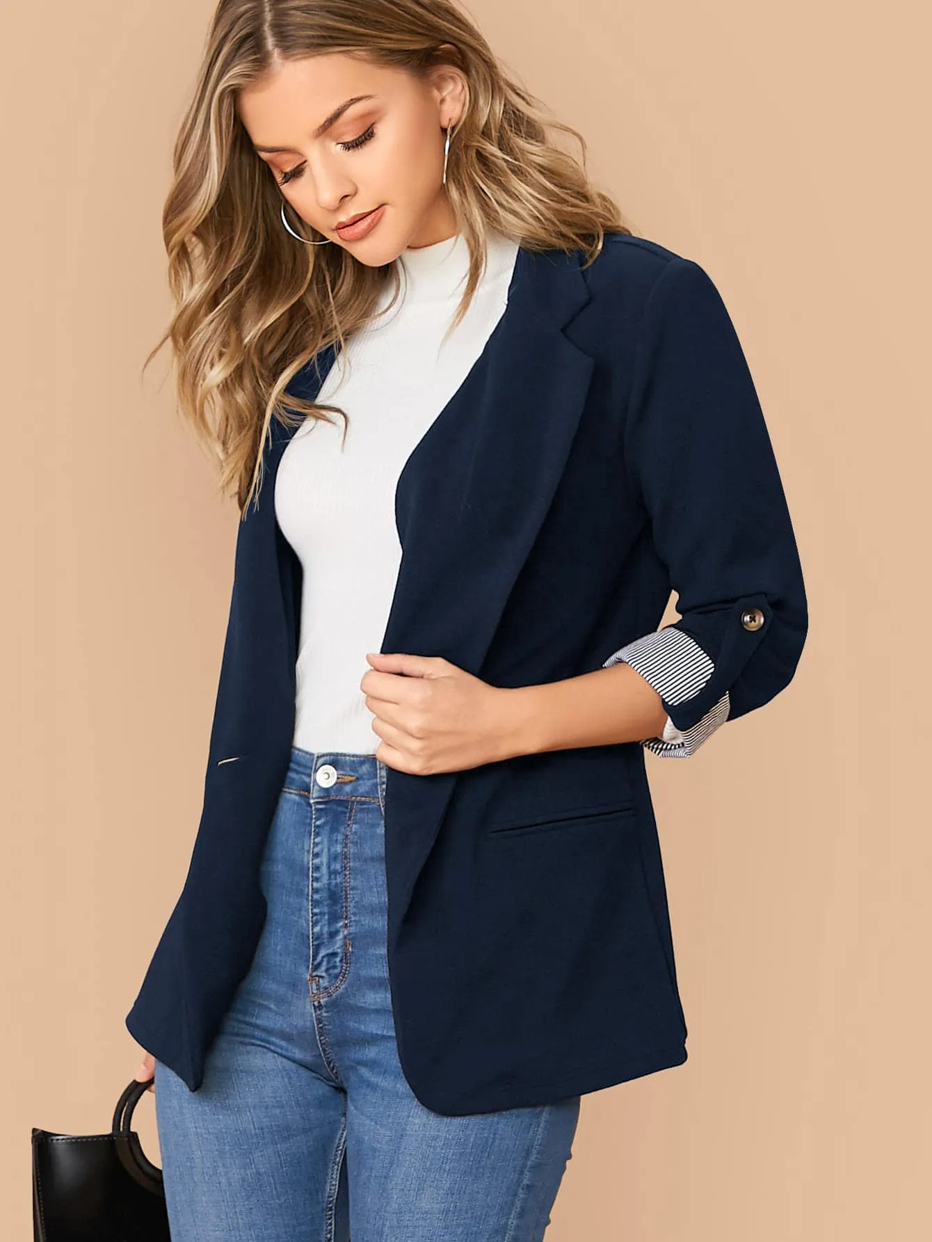 LUNE Notched Collar Roll Tab Sleeve Blazer