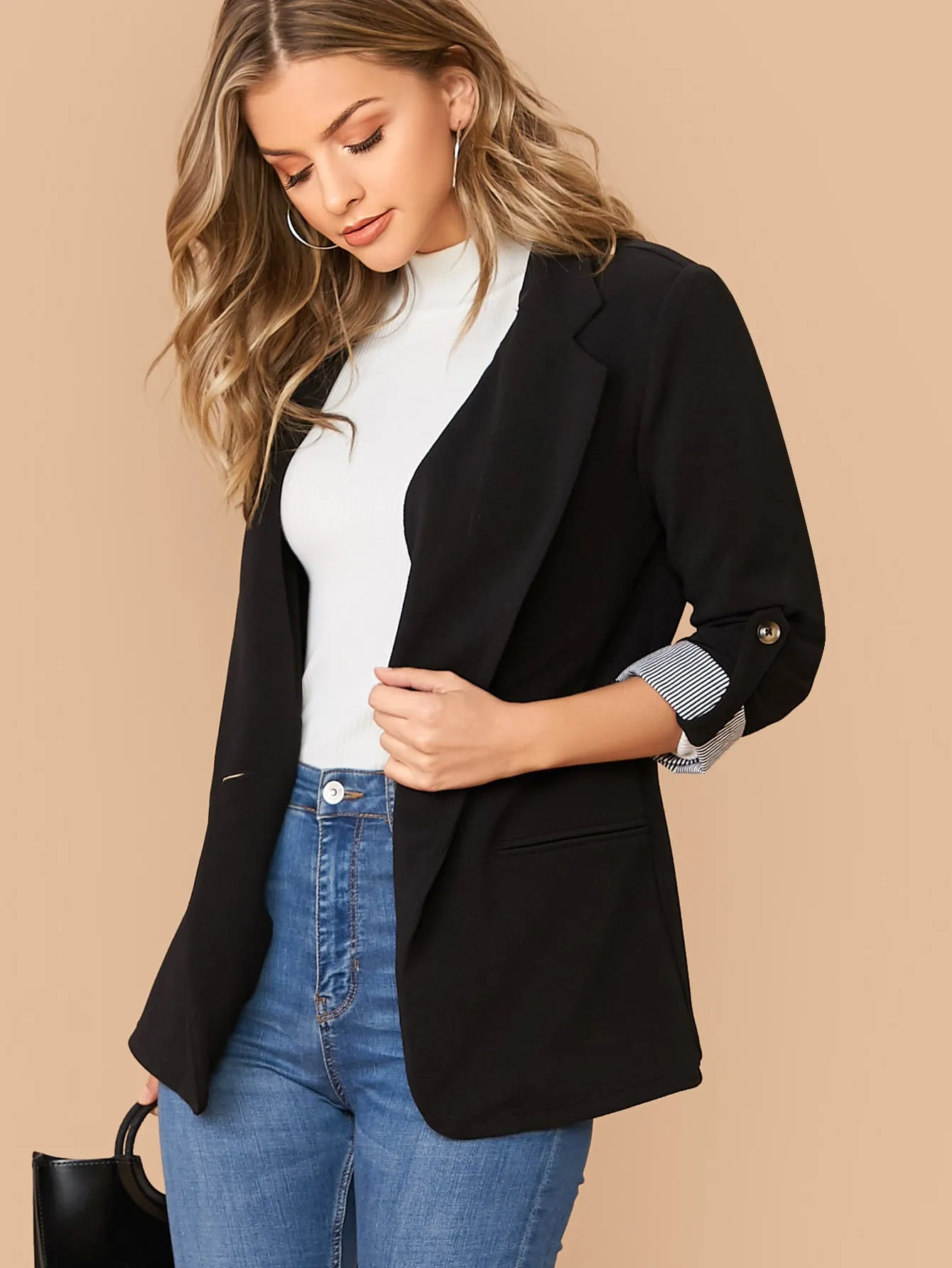 LUNE Notched Collar Roll Tab Sleeve Blazer