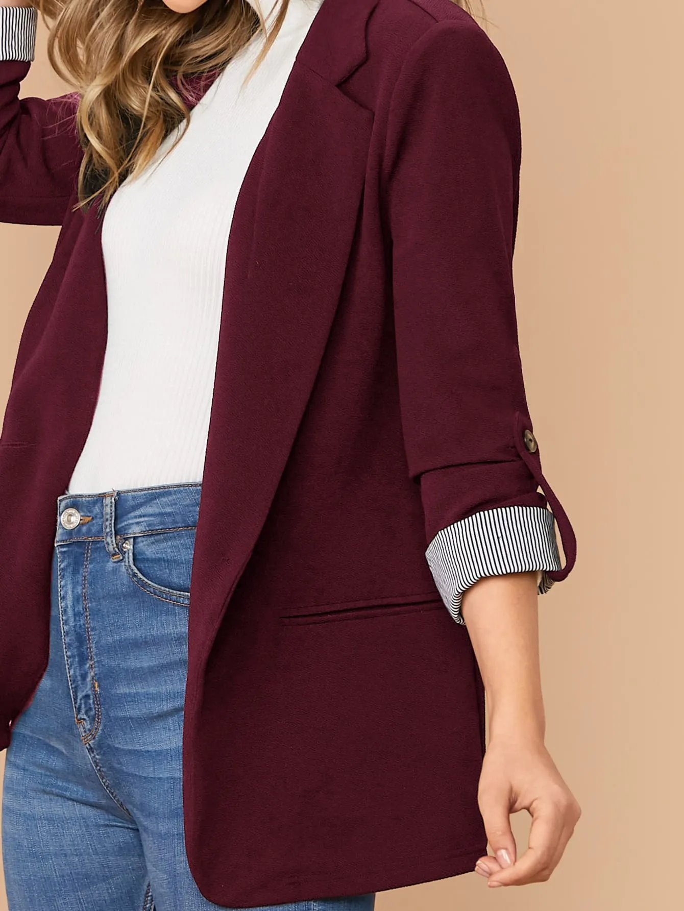 LUNE Notched Collar Roll Tab Sleeve Blazer