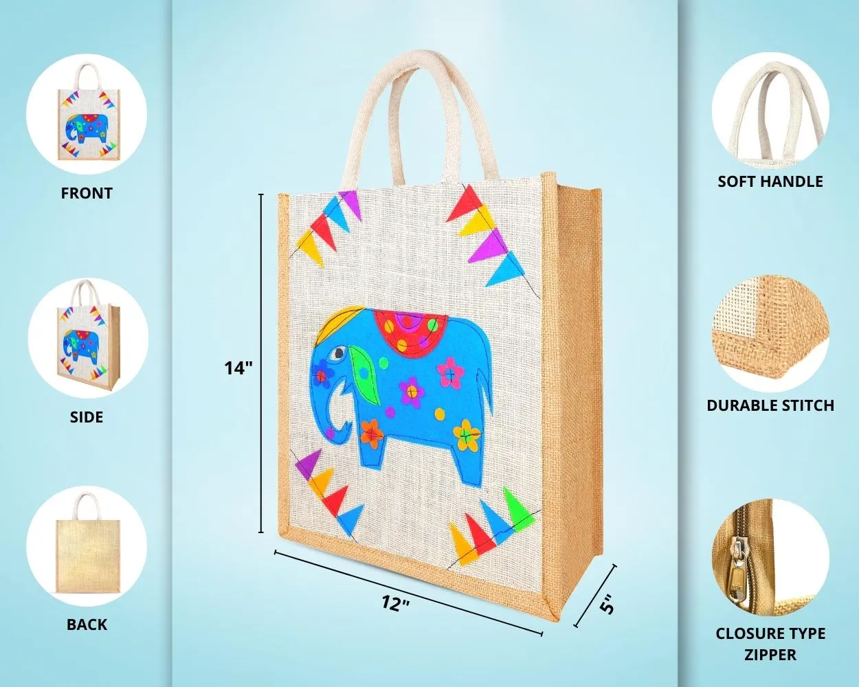 Multi Utility Designer Jute Bag - Graceful and Impressively Handcrafted Elephant with Zipper (12 x 5 x 14 inches)