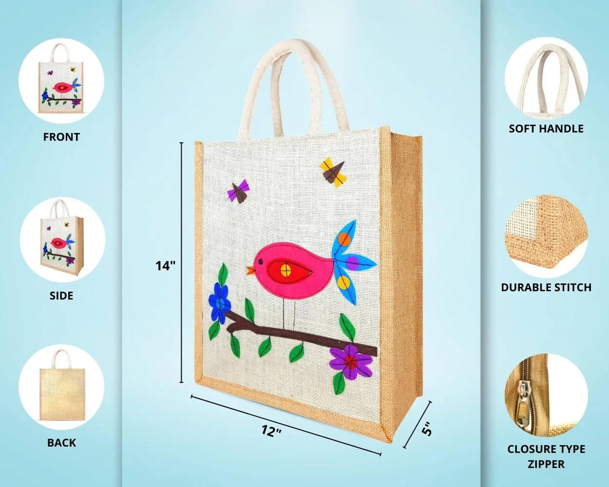 Multi Utility Designer Jute Bag - Mesmerizing and Pleasant Little Handcrafted Bird with Zipper (12 x 5 x 14 inches)