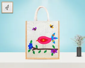Multi Utility Designer Jute Bag - Mesmerizing and Pleasant Little Handcrafted Bird with Zipper (12 x 5 x 14 inches)