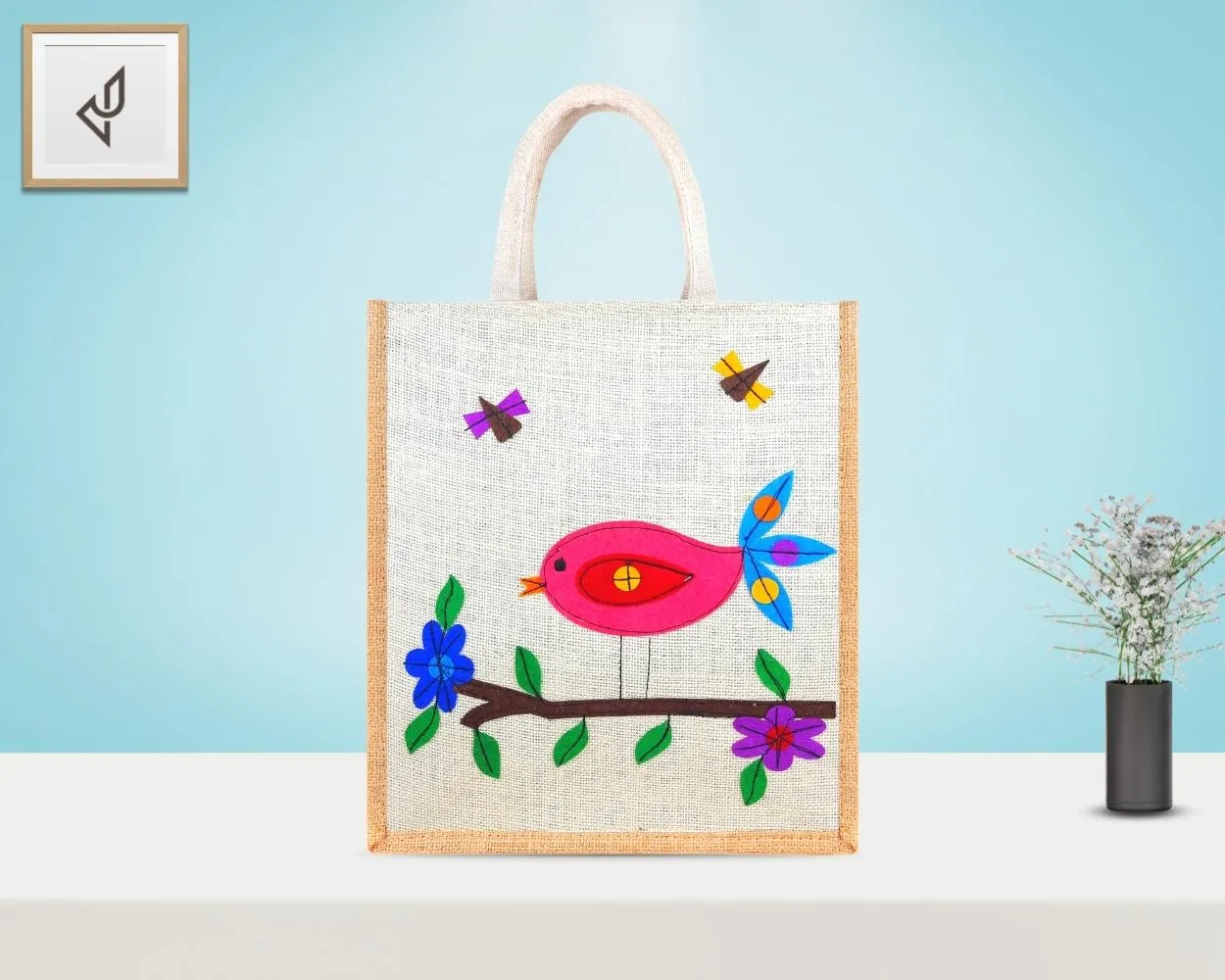 Multi Utility Designer Jute Bag - Mesmerizing and Pleasant Little Handcrafted Bird with Zipper (12 x 5 x 14 inches)