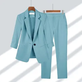 Office Lady Spring Summer Thin Blazers Pants Two Piece Set Women Professional Suit Elegant Three Quarter Jackets and Pencil Pants