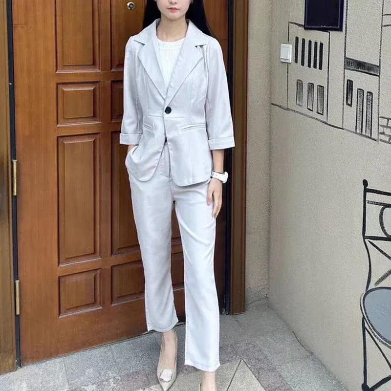 Office Lady Spring Summer Thin Blazers Pants Two Piece Set Women Professional Suit Elegant Three Quarter Jackets and Pencil Pants