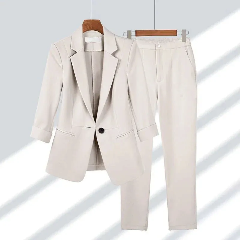 Office Lady Spring Summer Thin Blazers Pants Two Piece Set Women Professional Suit Elegant Three Quarter Jackets and Pencil Pants