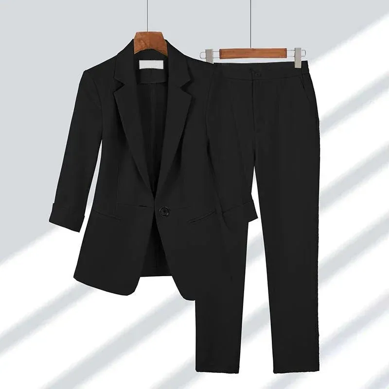 Office Lady Spring Summer Thin Blazers Pants Two Piece Set Women Professional Suit Elegant Three Quarter Jackets and Pencil Pants