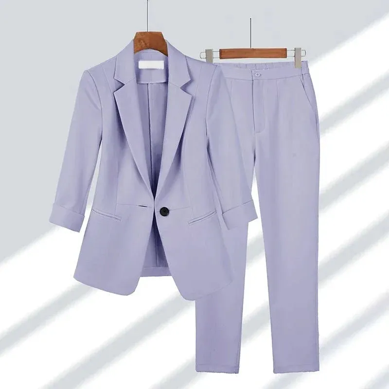 Office Lady Spring Summer Thin Blazers Pants Two Piece Set Women Professional Suit Elegant Three Quarter Jackets and Pencil Pants