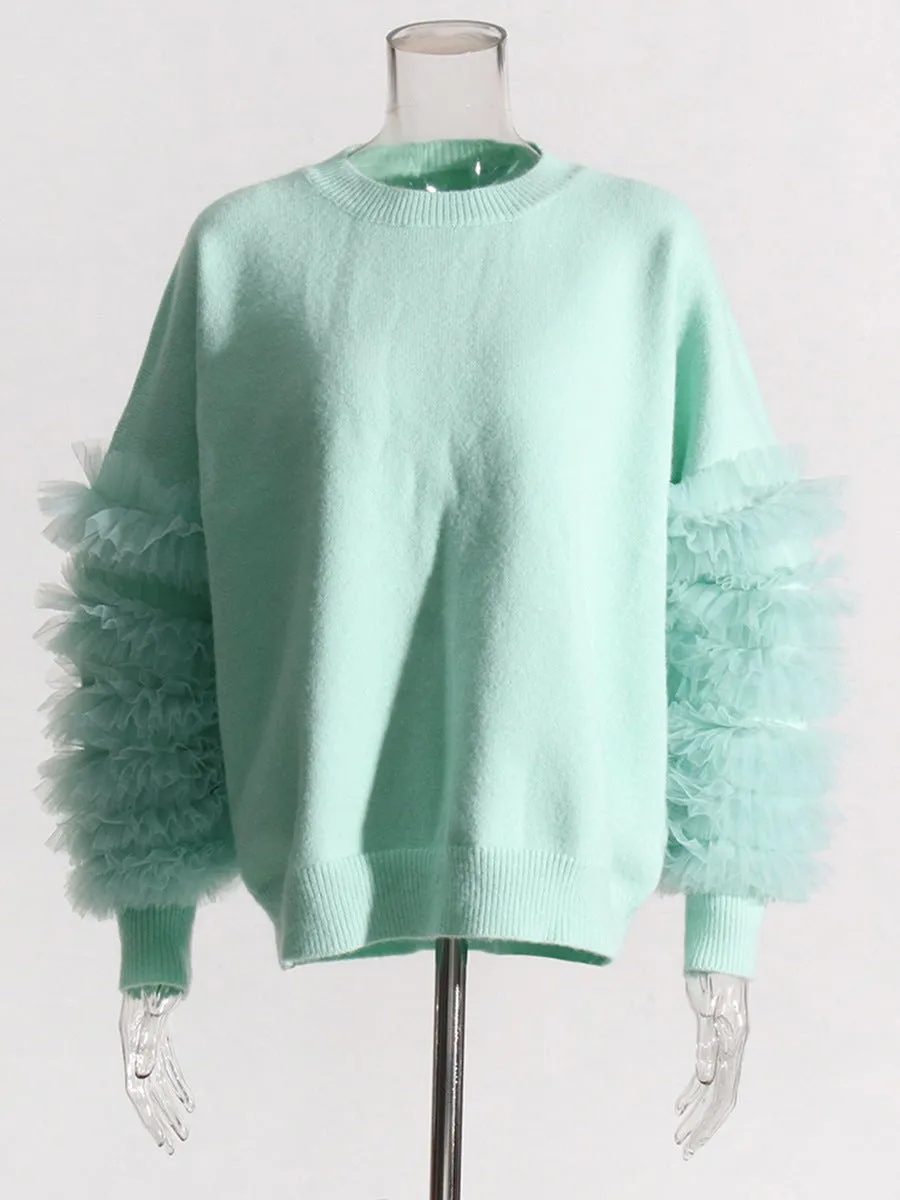 Pre Order:  Mesh Ruffled Sleeves Knit Sweater