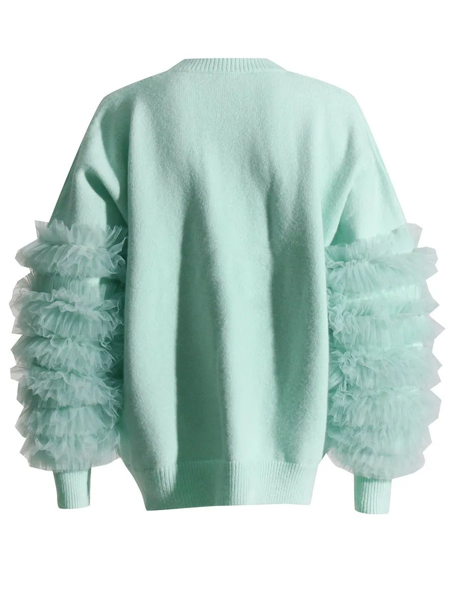 Pre Order:  Mesh Ruffled Sleeves Knit Sweater