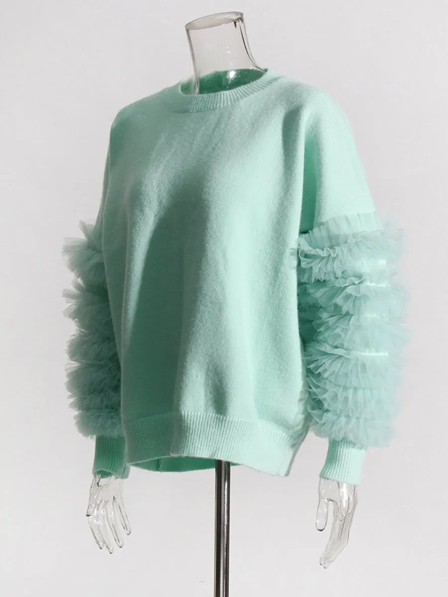 Pre Order:  Mesh Ruffled Sleeves Knit Sweater