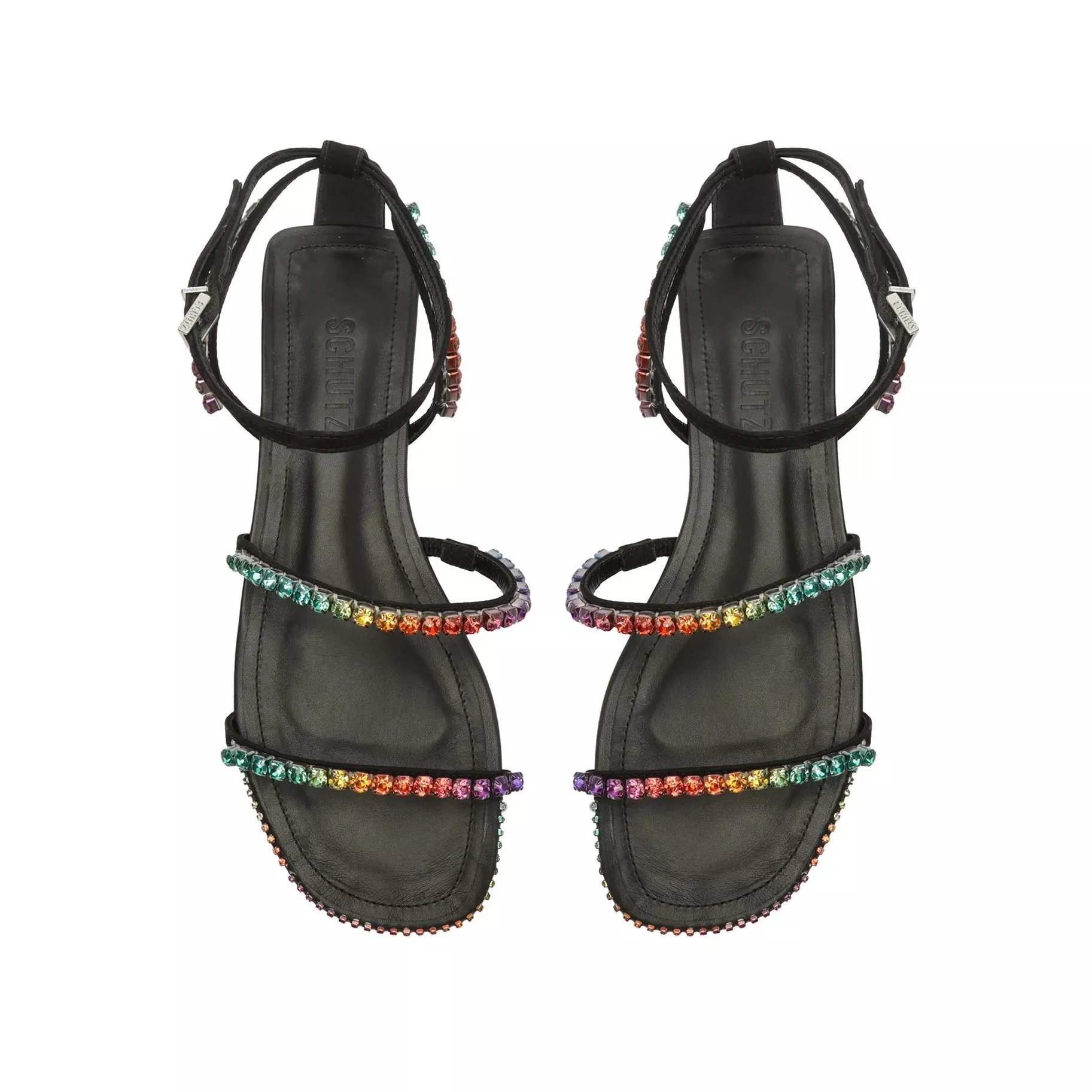 Schutz Loule Flat Black Crystals Details Ankle Strap Open Toe Flat Sandals