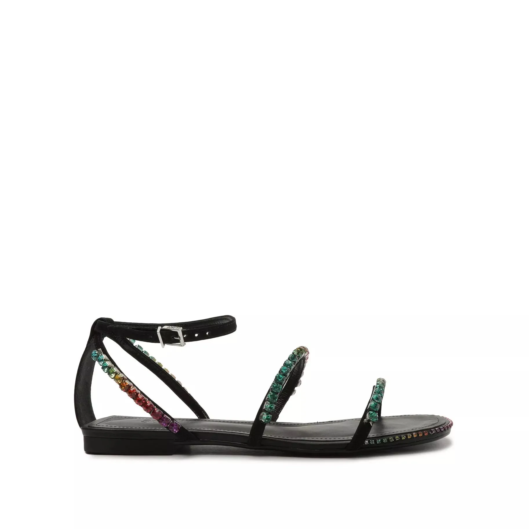 Schutz Loule Flat Black Crystals Details Ankle Strap Open Toe Flat Sandals
