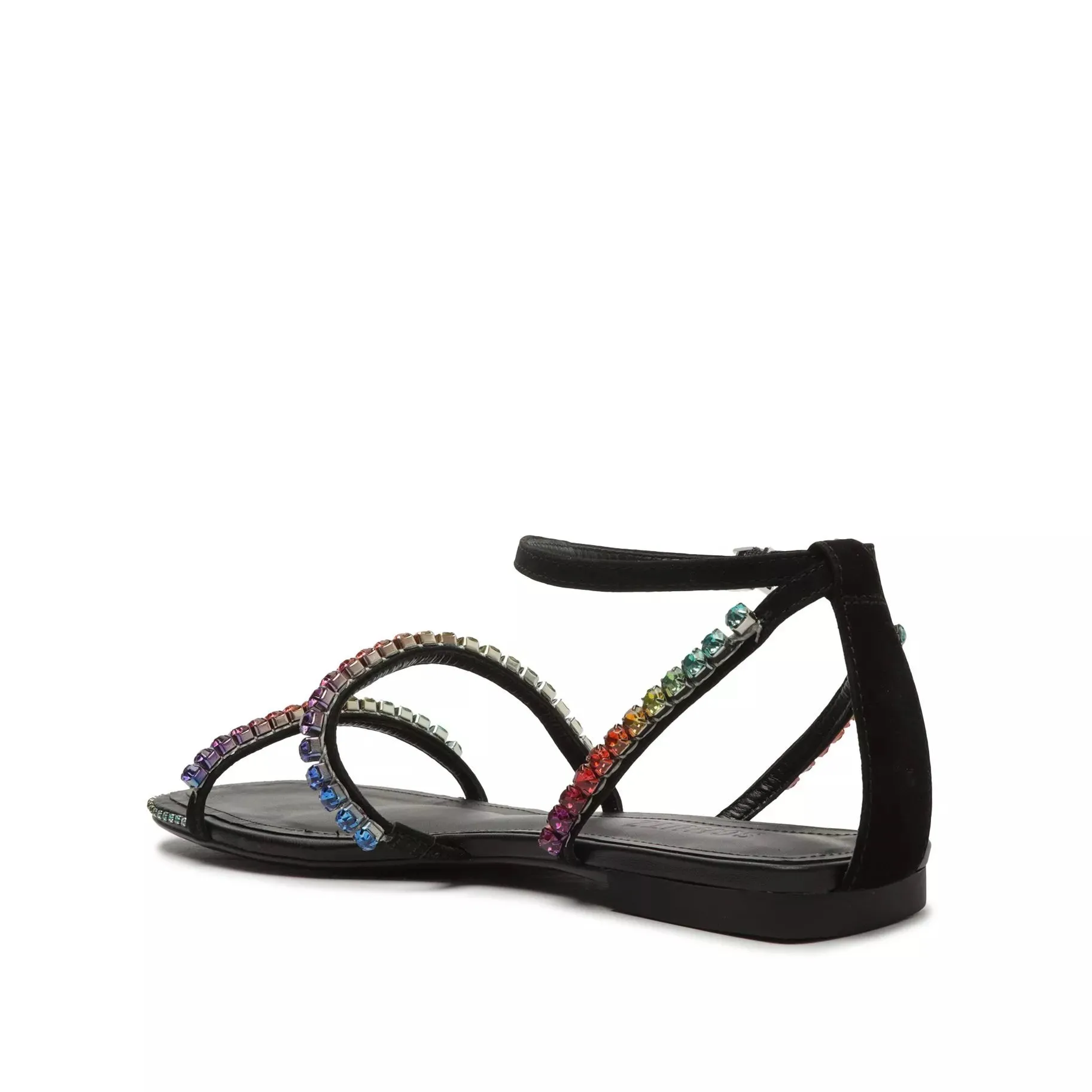 Schutz Loule Flat Black Crystals Details Ankle Strap Open Toe Flat Sandals