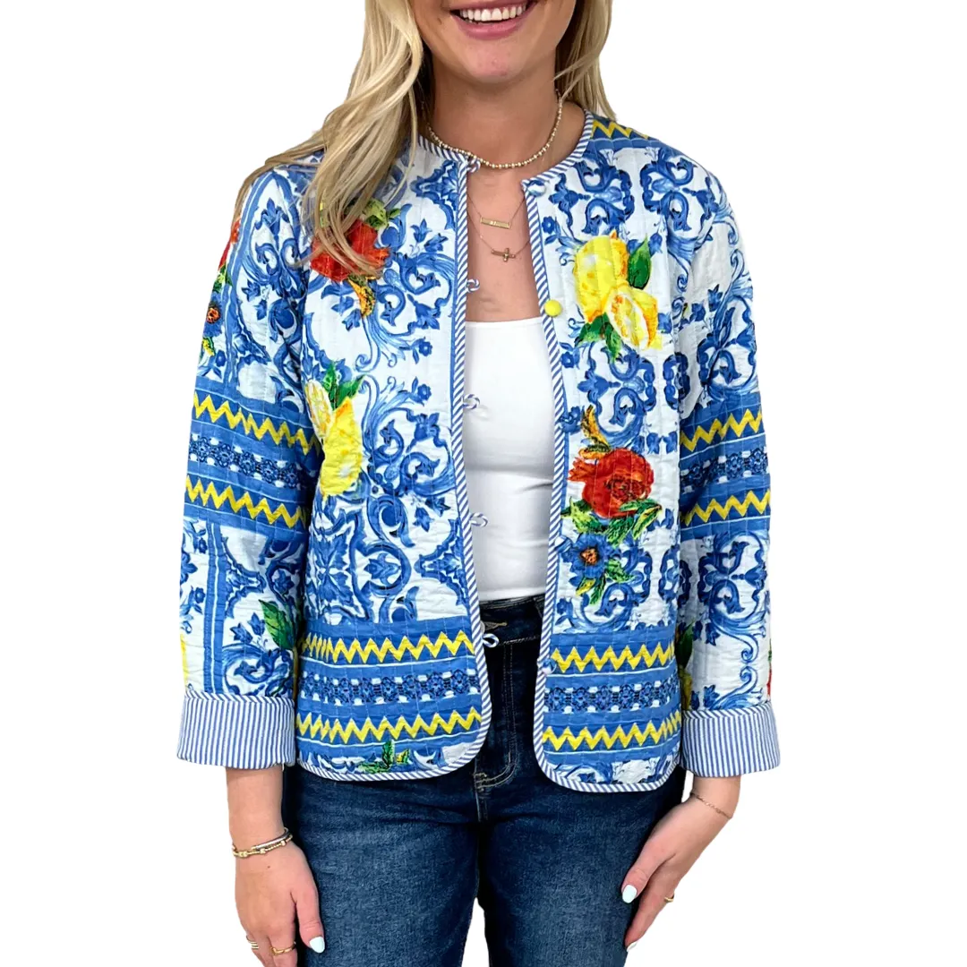 The Madeline Quilted Reversible Cotton Jacket in Lemon Blue Print